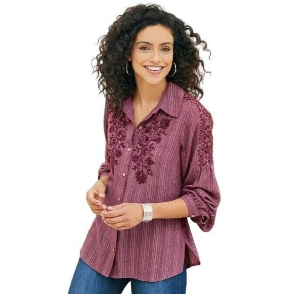 Soft Surroundings Womens Boho Cottagecore Button Down Shirt S Purple Embroidered